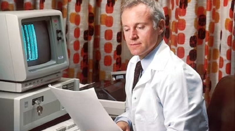 Illustration of a doctor using a remote patient monitoring device for chronic disease management.