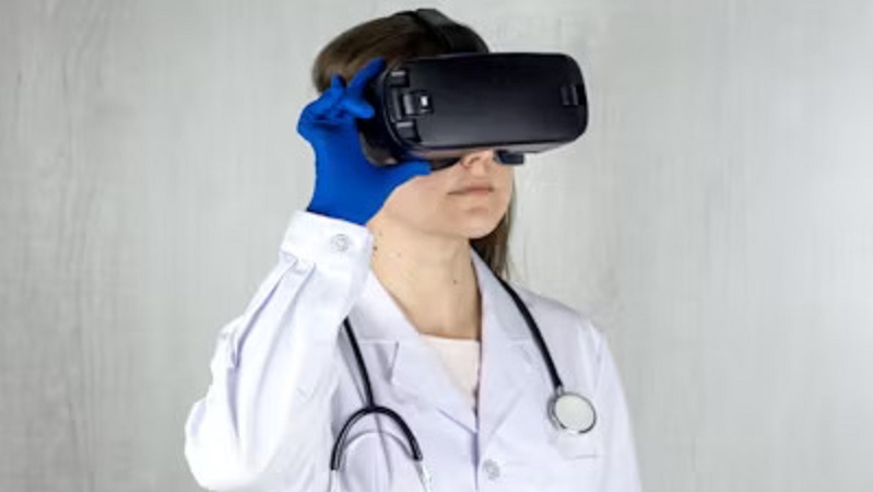 Virtual reality headset being used in a healthcare setting